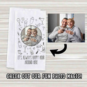 Personalized bar towel with custom cartoon photo and funny happy hour saying