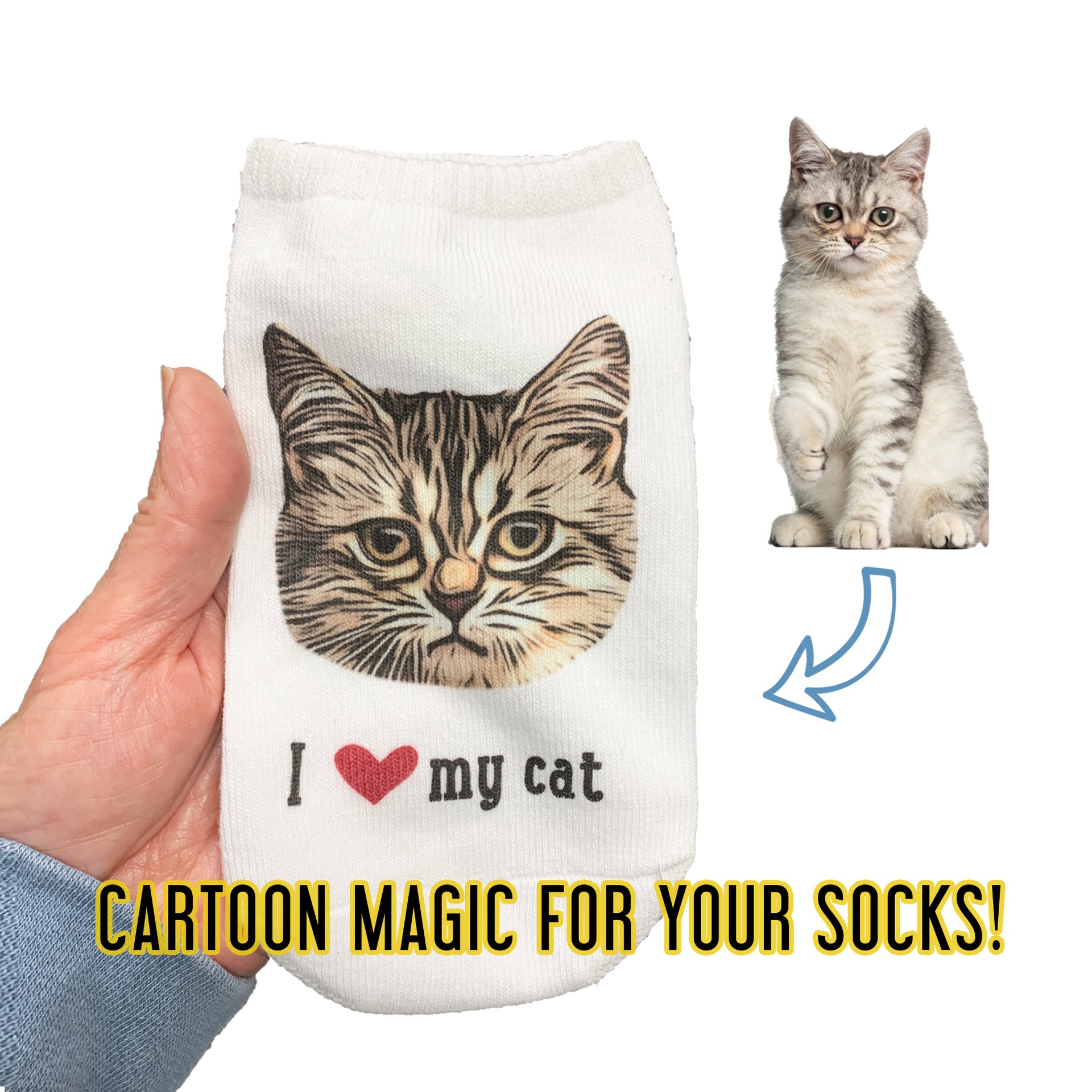 Celebrate your love for your cat with custom no-show socks featuring a cartoonized photo of your kitty and "I heart my cat" printed below.