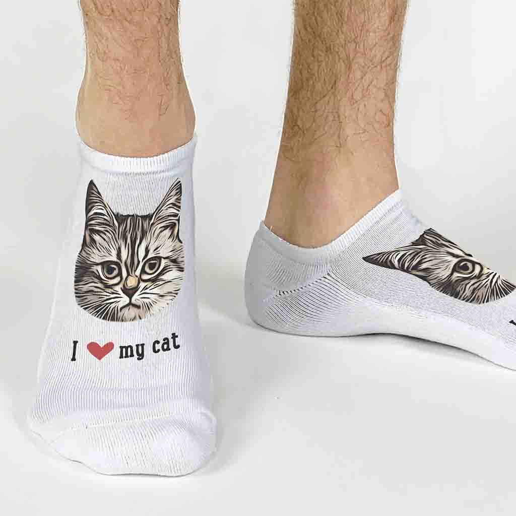 Do you love your cat? We have the perfect photo gift socks! Printed with your furry feline friend's photo and I heart my cat on the top of our half cushioned no show socks. 