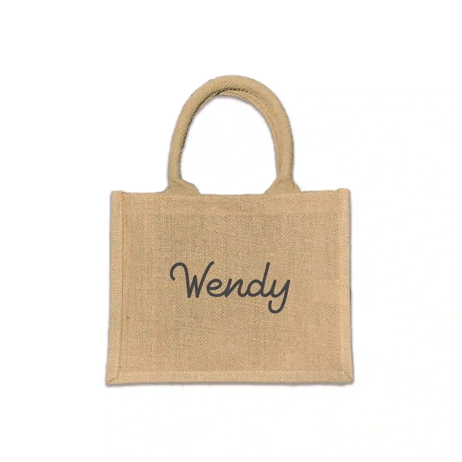 Whether it's for a bachelorette party, bridal bash, birthday, or any other celebration, this premium jute tote is durable, eco-friendly, and stylish. Personalized with a person's first name and your choice of font style and ink color.