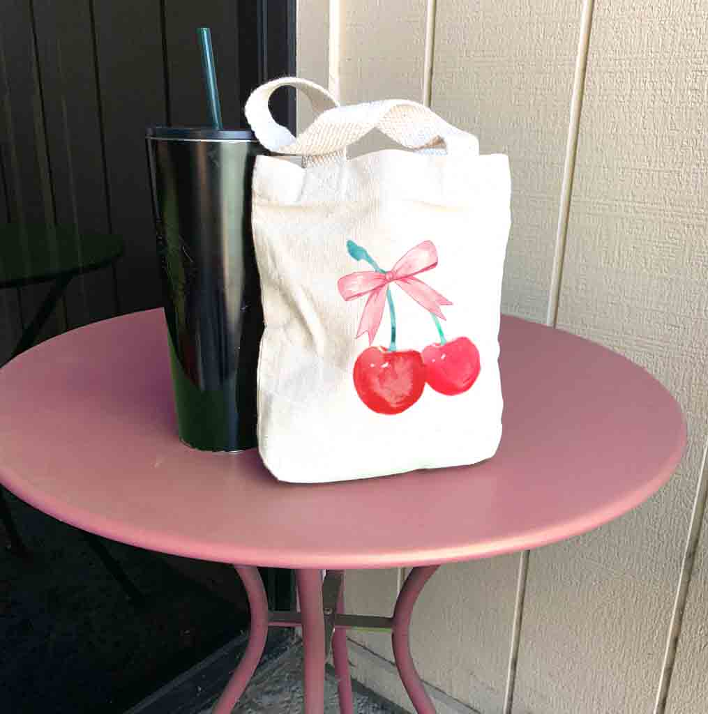 Mini canvas tote with vintage cherry and pink bow design