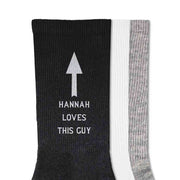 Personalized socks for Valentines Day or 2 year cotton anniversary. Name printed on socks with arrow pointing up.