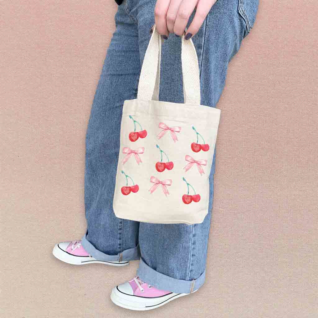 Cute cherry and bow canvas mini tote bags in vintage style