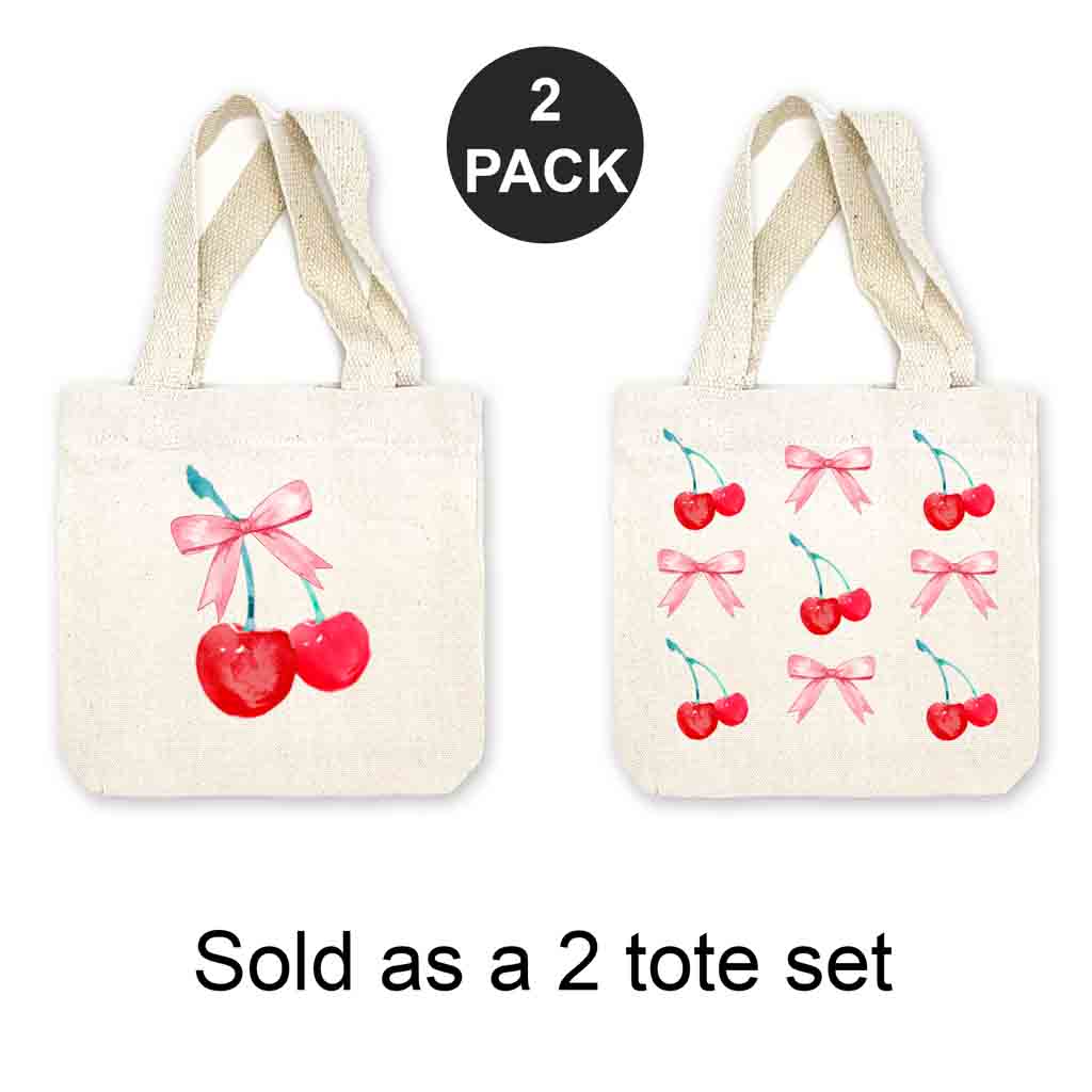 Set of two mini canvas totes with whimsical cherry patterns