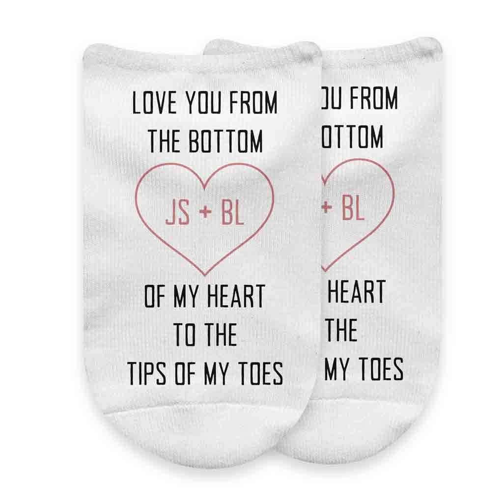 Valentines days socks for her. Personalized love you to the tips of my toes printed on no show socks.