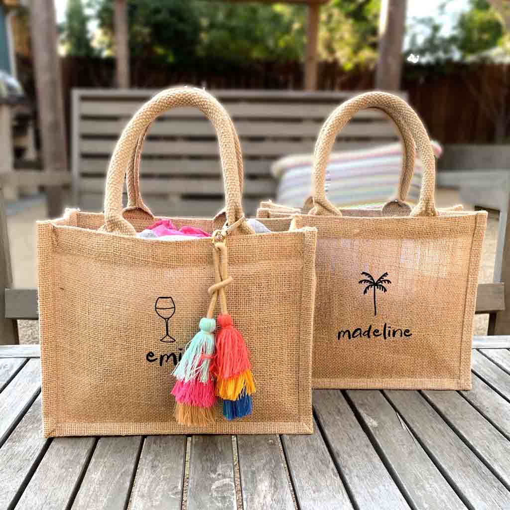 Unique boho burlap bags, perfect for bachelorette parties, birthdays, and various events. Custom printed using eco-friendly inks for a sustainable touch