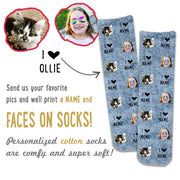 Super fun custom printed socks with photos of an animal and people. The socks are also personalized with a name. Lots of background colors to choose from.