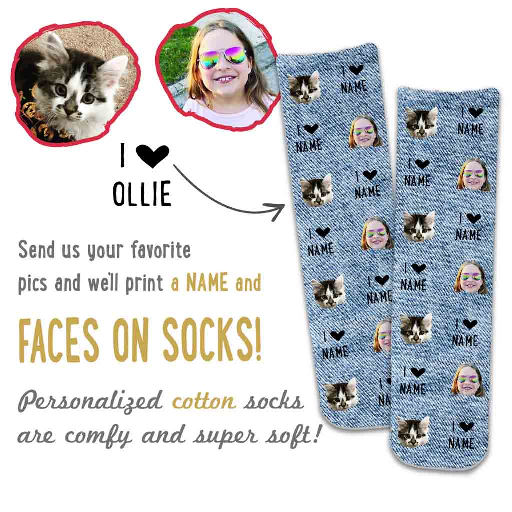 Super fun custom printed socks with photos of an animal and people. The socks are also personalized with a name. Lots of background colors to choose from.