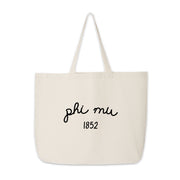 Phi Mu Tote Bag – A spacious cotton tote with "Phi Mu" and 1852, celebrating a long-standing legacy of friendship and sisterhood.