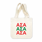 Sorority greek letters printed in sorority colors on natural canvas mini tote gift bag.