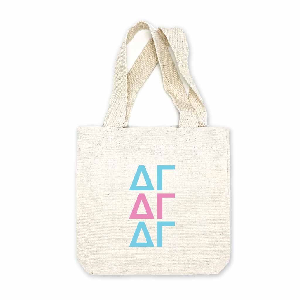 Sorority greek letters printed in sorority colors on natural canvas mini tote gift bag.