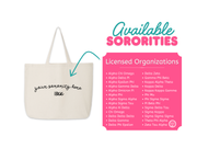 An informational image displaying a natural cotton canvas tote bag alongside a list of 26 NPC sororities available for customization. The image highlights the tote’s stylish design, durable material, and personalized sorority name and founding year, making it a perfect gift for sorority sisters, Bid Day, and Greek life events.