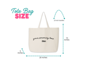 An informational image displaying the size dimensions of a natural cotton canvas tote bag, including width, height, and handle length. The image highlights the tote’s spacious design, making it ideal for carrying books, essentials, and sorority gifts. Perfect for everyday use and Greek life events.