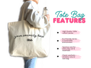 An info image outlining the high-quality features of a custom sorority tote bag, emphasizing its durable fabric, reusable design, and stylish personalization with the sorority name and founding year.