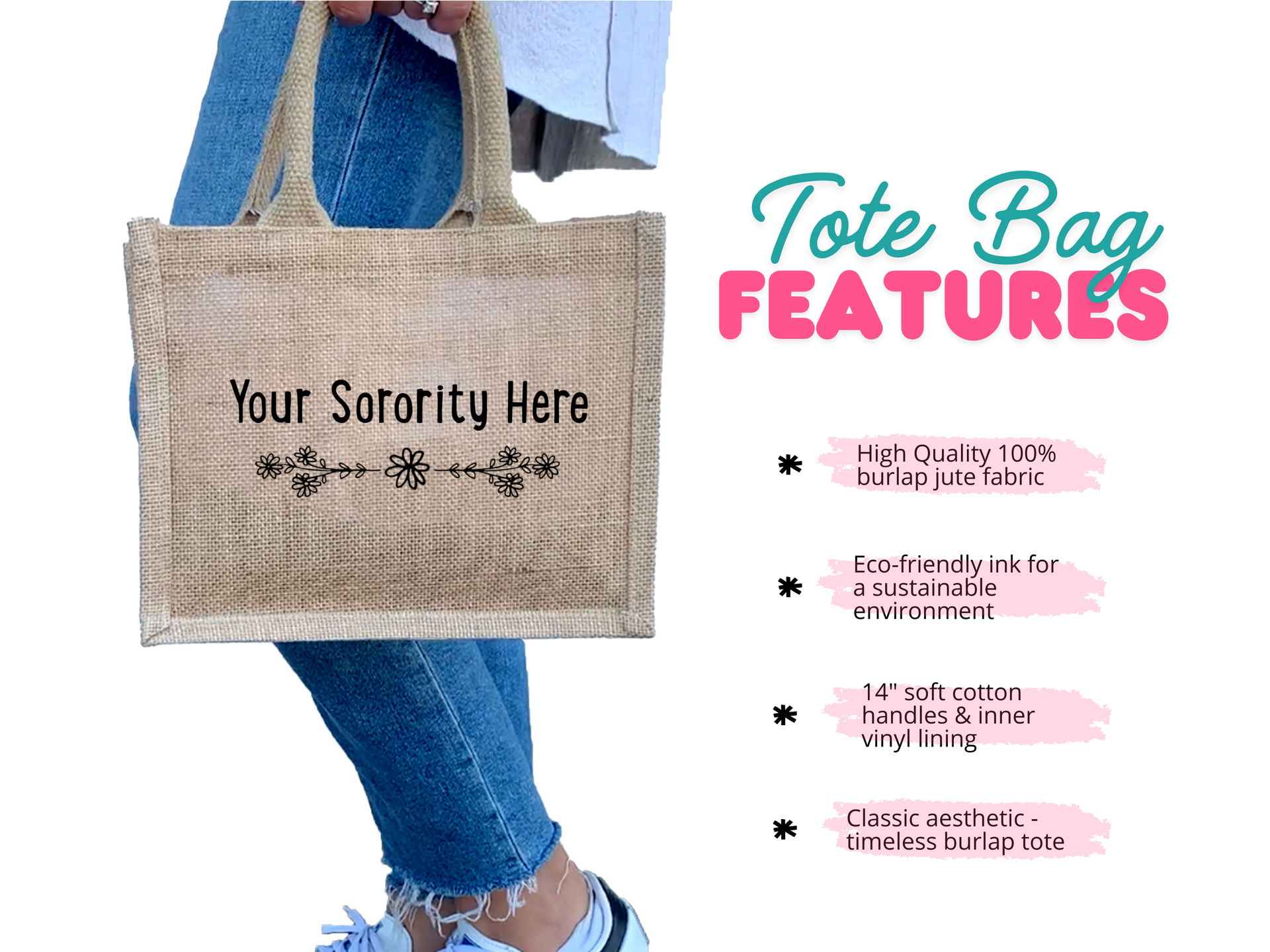 Showcasing the durable 100% jute fabric, eco-friendly printing, and comfortable 14" cotton handles, this tote is designed for both style and practicality.