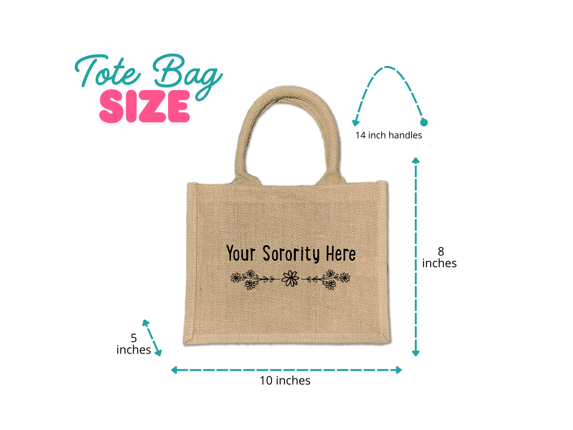 Displaying the compact 10"L x 8"H x 5"W dimensions, this burlap tote offers the perfect size for carrying everyday essentials.