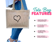 Heart and Sorority Letters Burlap Tote Bag Details – Highlighting the eco-friendly 100% jute material, 14" soft cotton handles, and vibrant Heart and Sorority Letters design, this tote combines durability with style.