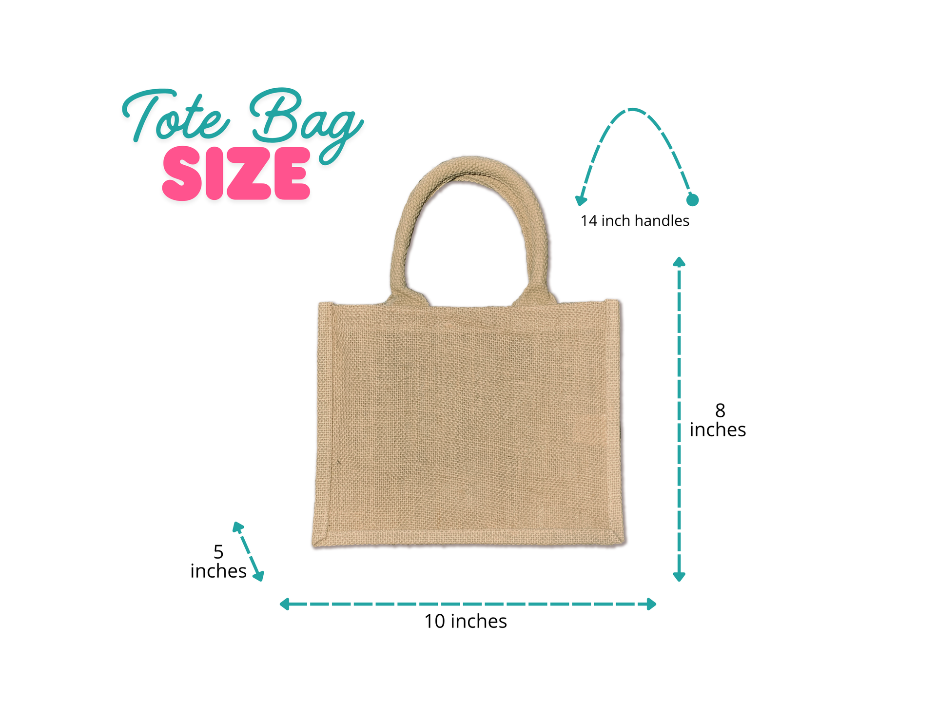 Burlap Tote Size and Fit – Highlighting the 10"L x 8"H x 5"W dimensions of the Heart and Sorority Letters burlap tote, demonstrating its practical and stylish design for everyday use.