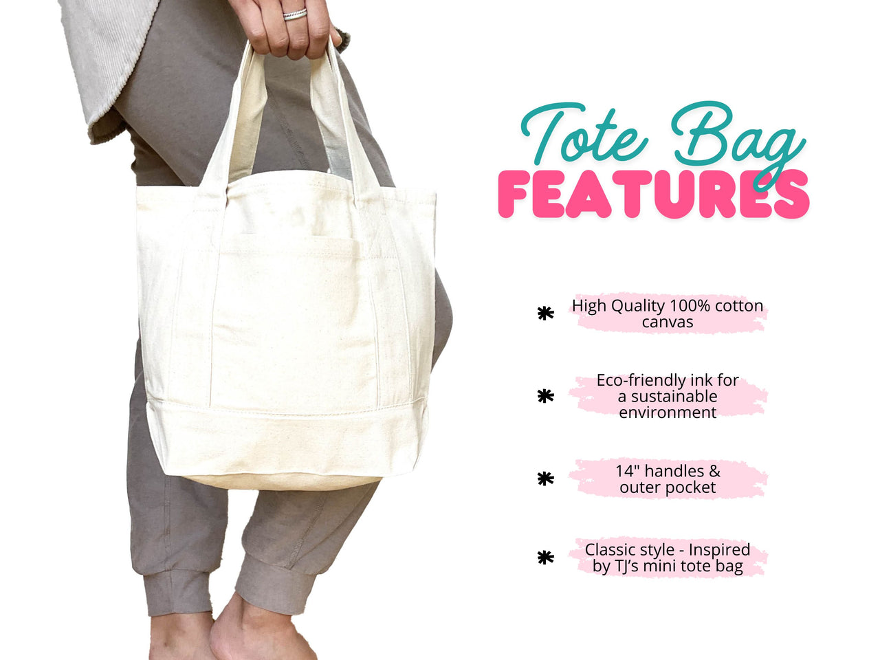 The canvas tote bag shown with showcasing the features.