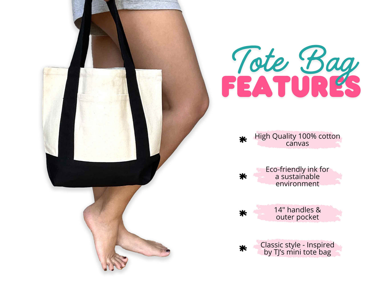 Features of the Mini Canvas Tote – An informative image displaying key features of the mini shopping tote, including its sustainable printing, compact size, and versatile use for shopping or casual outings.