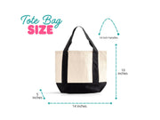 Mini Tote Size Chart – A helpful image outlining the size dimensions of the mini shopping tote bag, measuring 14"L x 10"H x 5"W for easy everyday use.