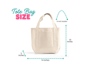 Canvas sorority tote bag showing dimensions of 14"L x 10"H x 5"W, ideal for carrying everyday essentials like makeup, keys, and sunglasses.