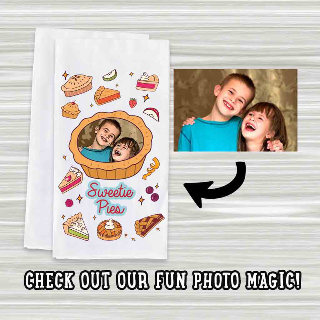 Personalized kitchen towel with pie-themed photo design