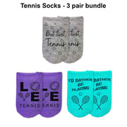 Super fun tennis socks for women, the perfect pair of socks for game day. Sold as a set of 3 pairs in assorted colors, these tennis socks feature a different tennis saying printed on each pair. 