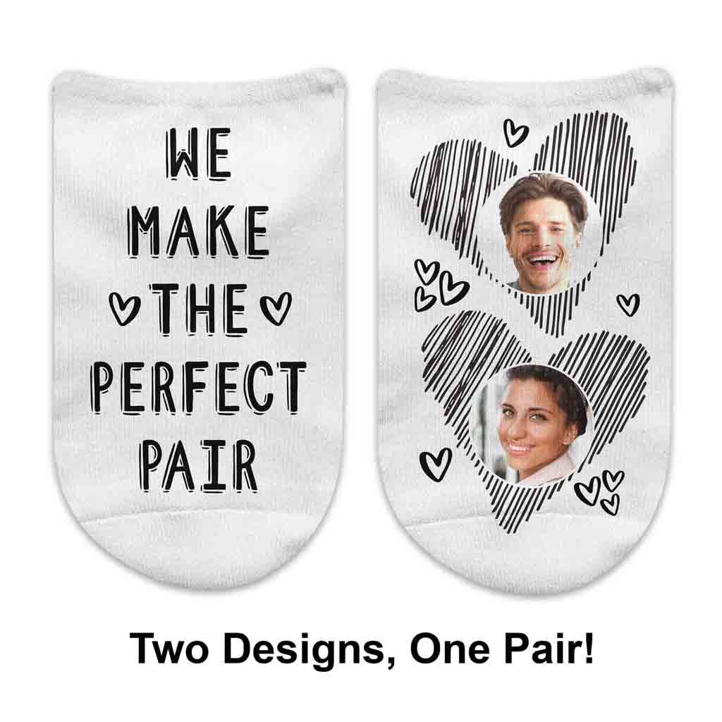 We make the perfect pair of custom Valentines socks with your photos custom printed on the top of no show socks.