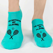 Our teal no show women's footie socks, are 1 of the 3 pairs included in this set for a low price! Printed in black ink with a simple text, "I'd rather be playing" with black tennis racket and ball. 