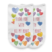 I love you with all my heart and rainbow hearts all over custom printed on white cotton no show socks.