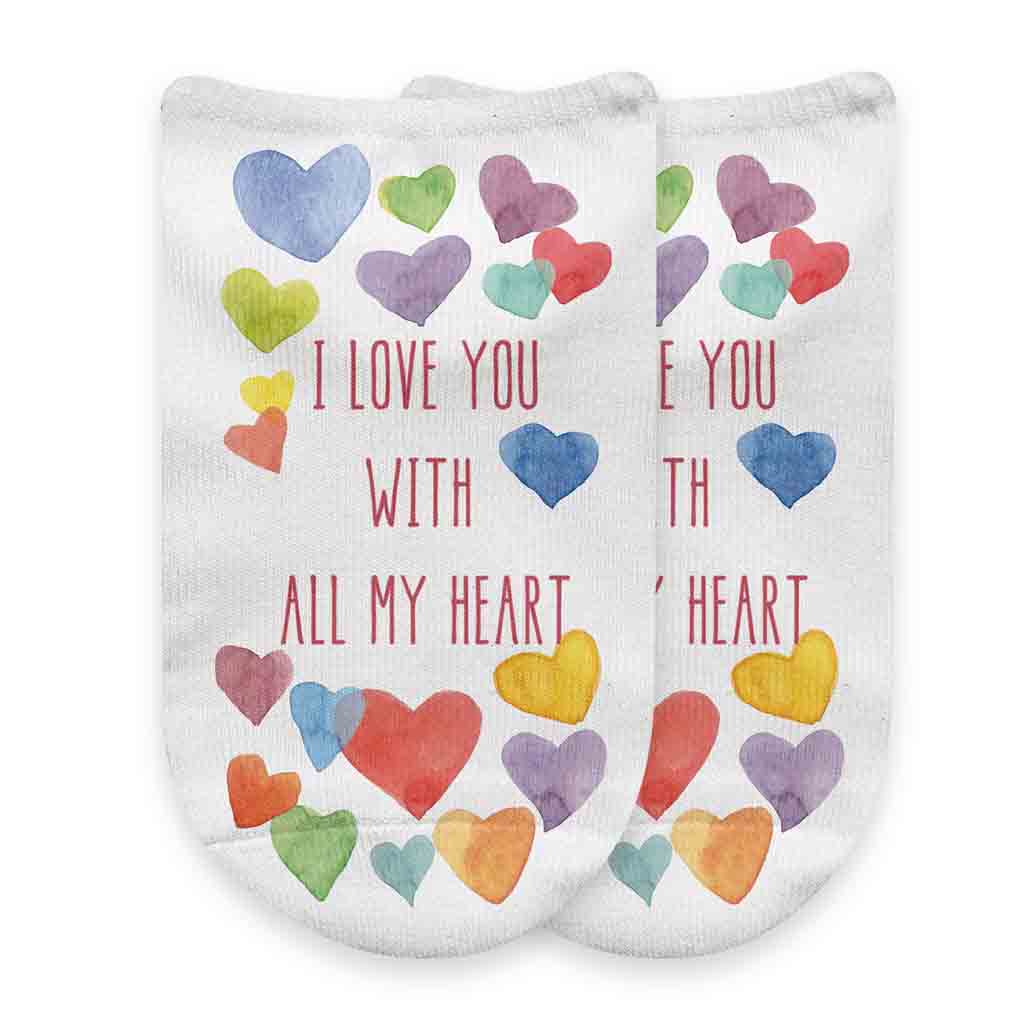 I love you with all my heart and rainbow hearts all over custom printed on white cotton no show socks.