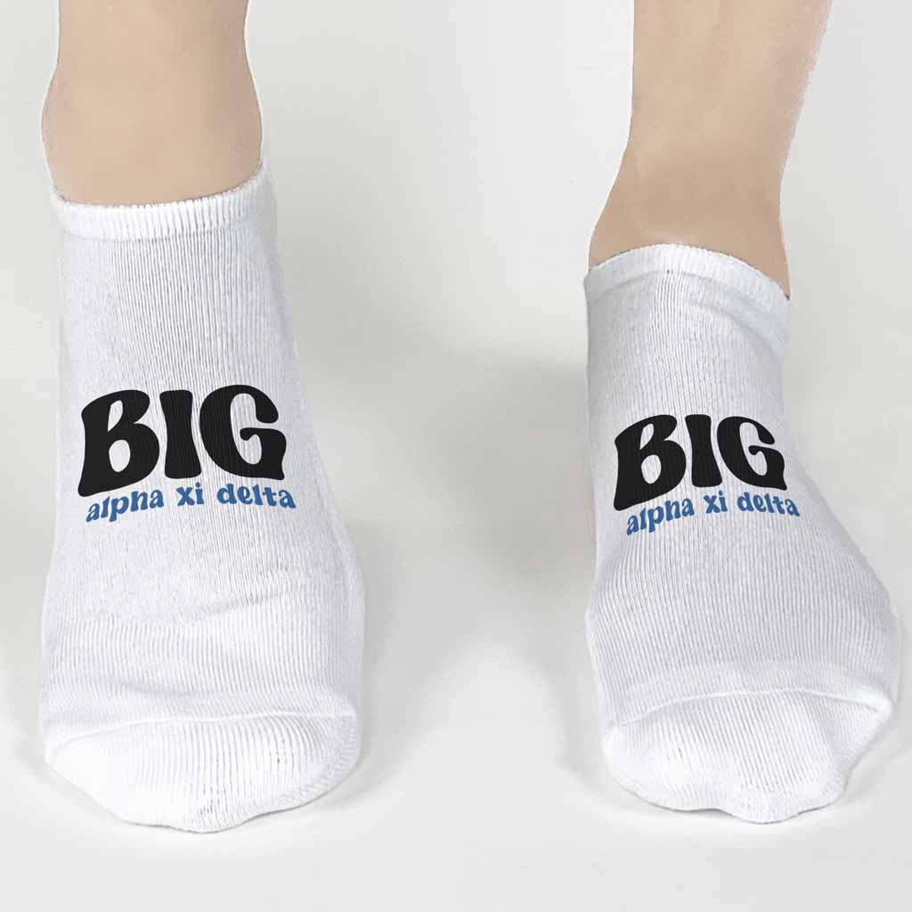 Alpha Xi Delta big or little design custom printed on white cotton no show socks make the perfect gift for your sorority sisters.