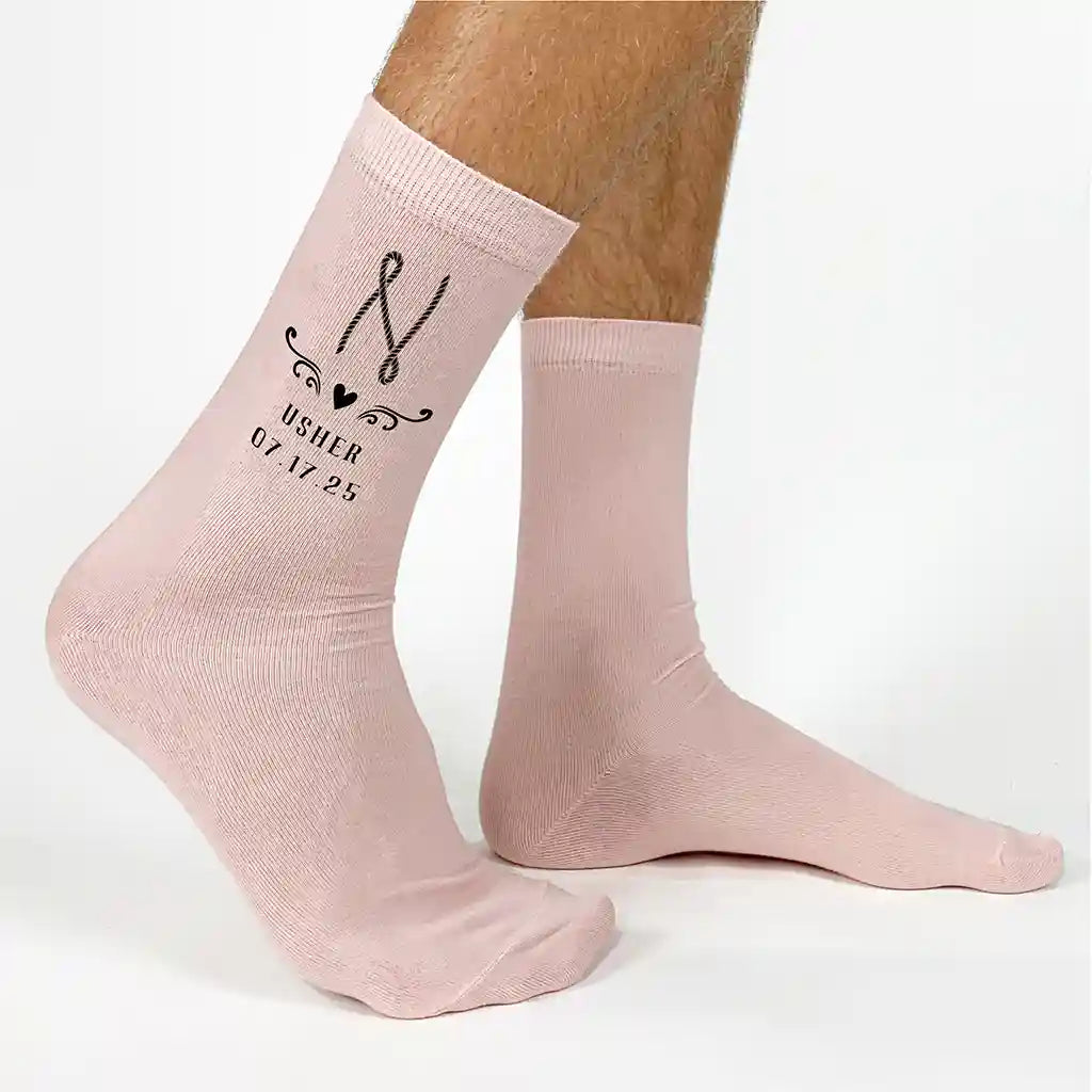 Personalized Monogram Groomsmen Socks for Rustic Ranch Wedding Large Blush Flat Knit