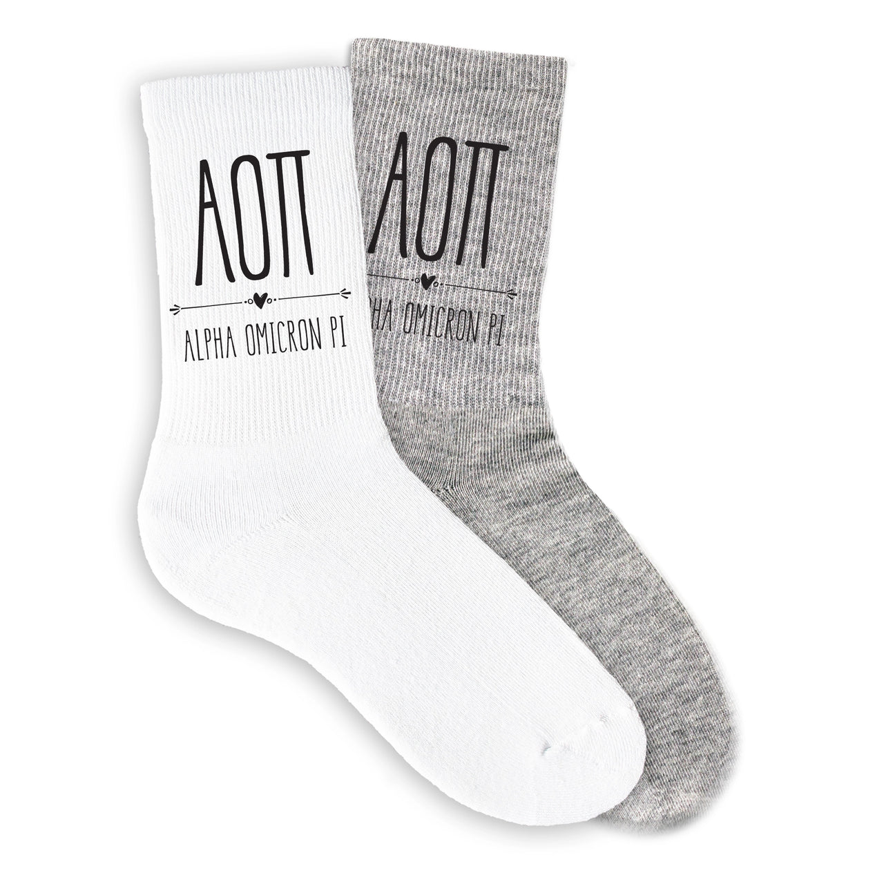 Alpha Omicron Pi boho sorority letters and name on white and gray crew socks