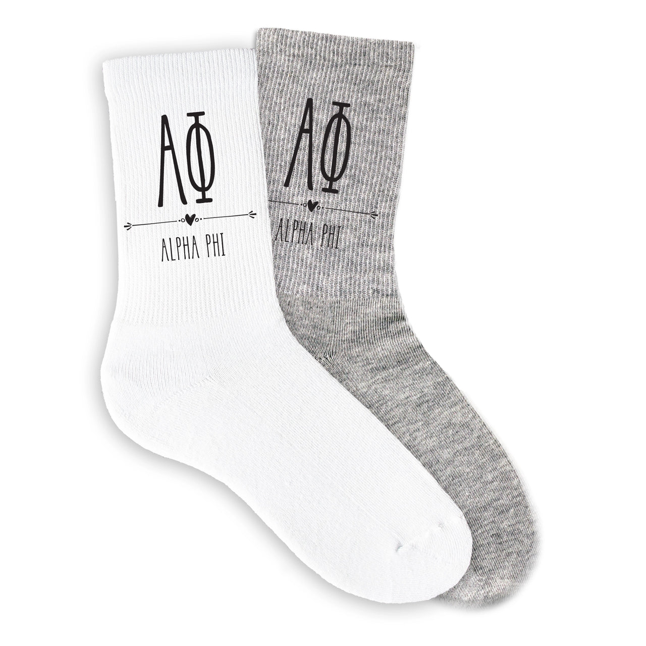 Alpha Epsilon Phi boho sorority letters and name on white and gray crew socks