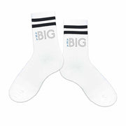 Soft and comfortable black striped cotton crew socks printed with AXID Greek letters and big or little design on the outsides of the socks.