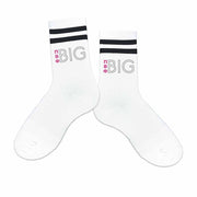 Big or little Pi Beta Phi sorority socks printed design on the side of black striped crew socks.