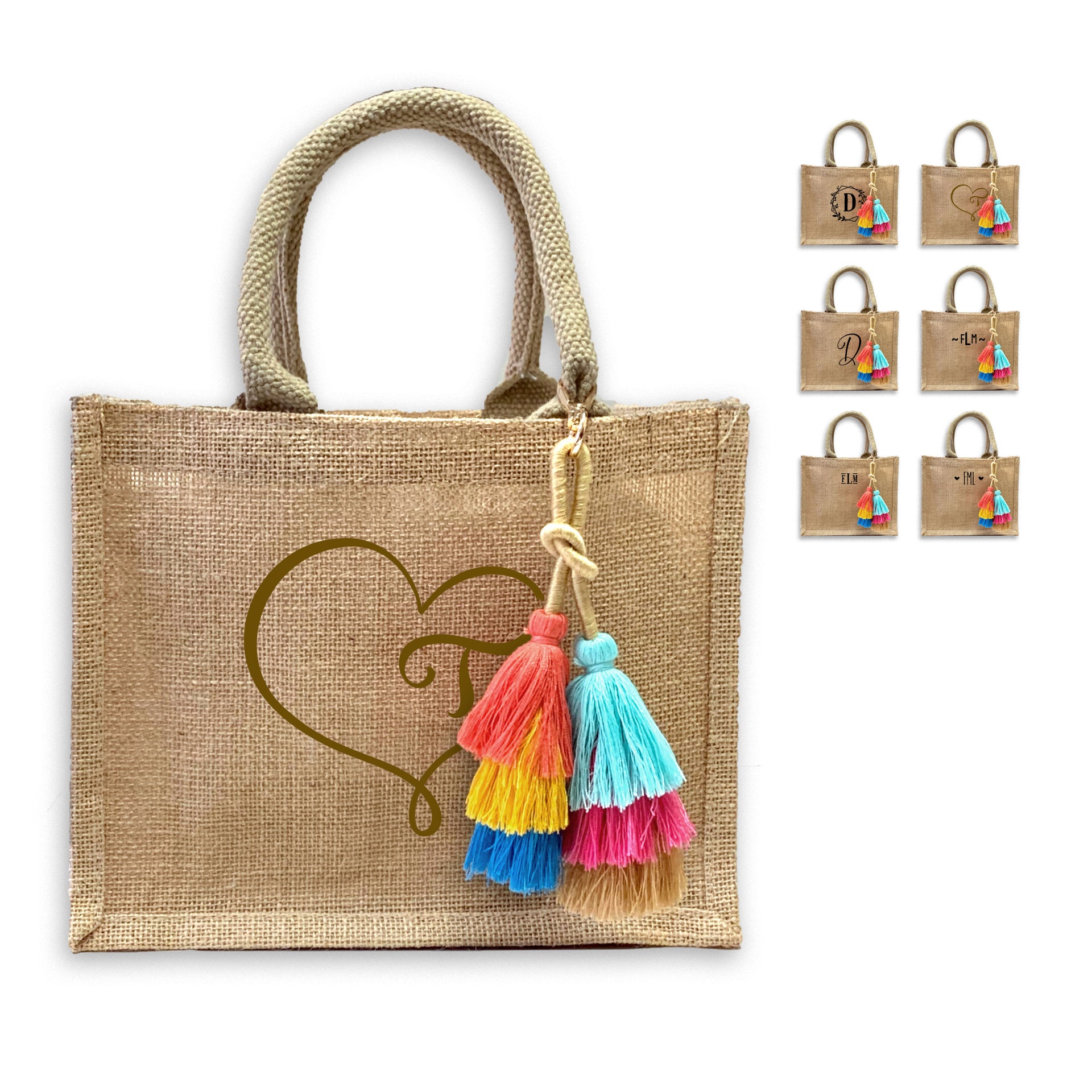 This monogrammed burlap tote bag is available to print with several different ink colors and styles and a cute boho tassel (also available without!).