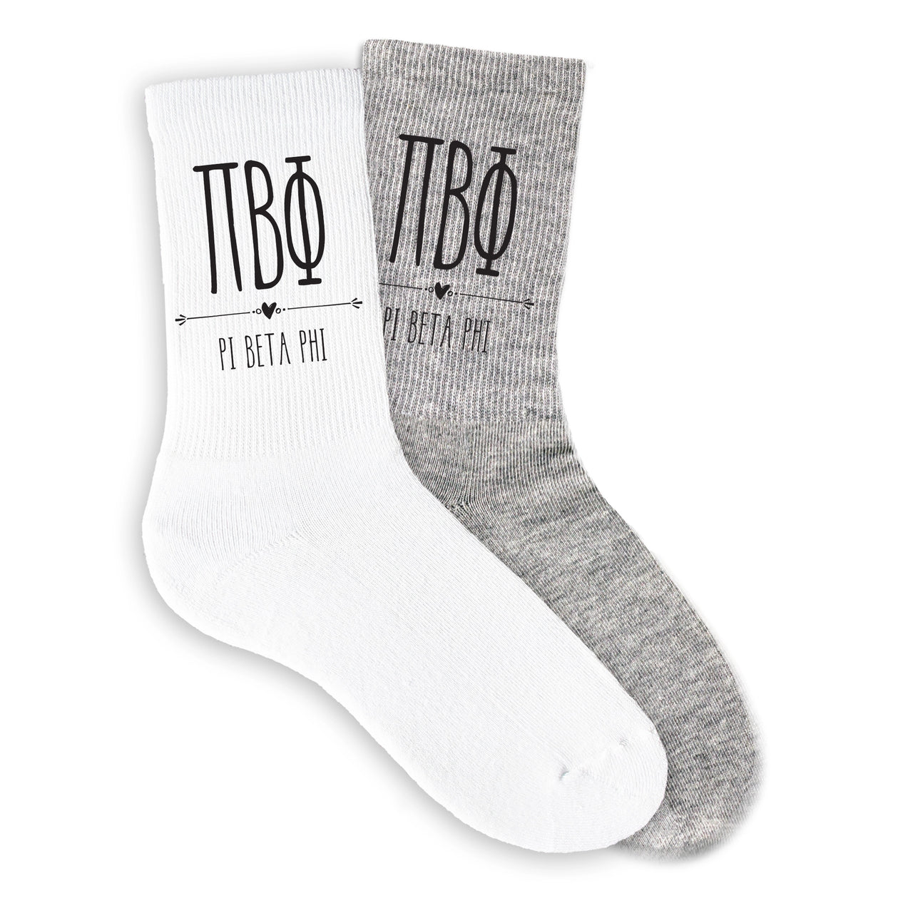 Pi Beta Phi boho sorority letters and name on white and gray crew socks