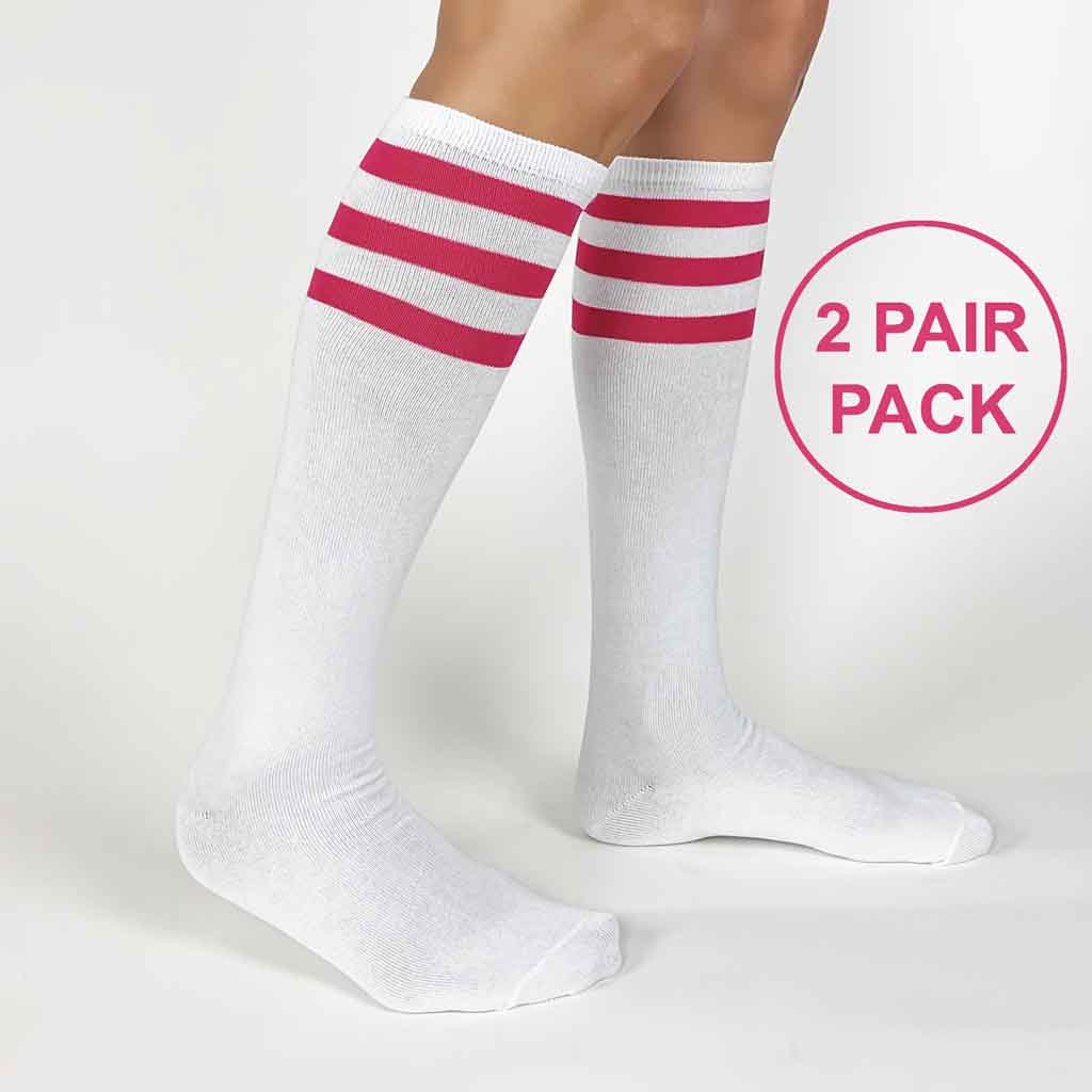 White knee high socks shop with red and blue stripes