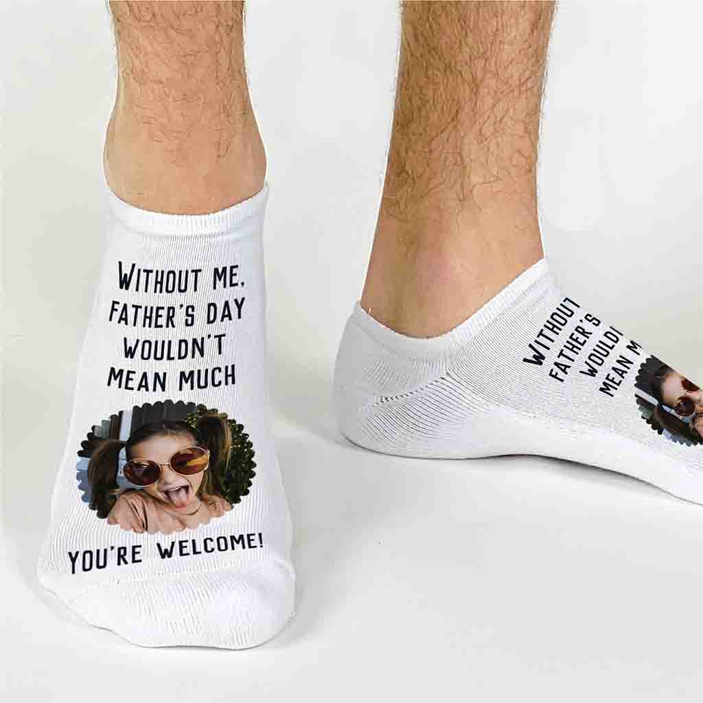 Customized fathers day no show socks digitally printed with saying and your photo.