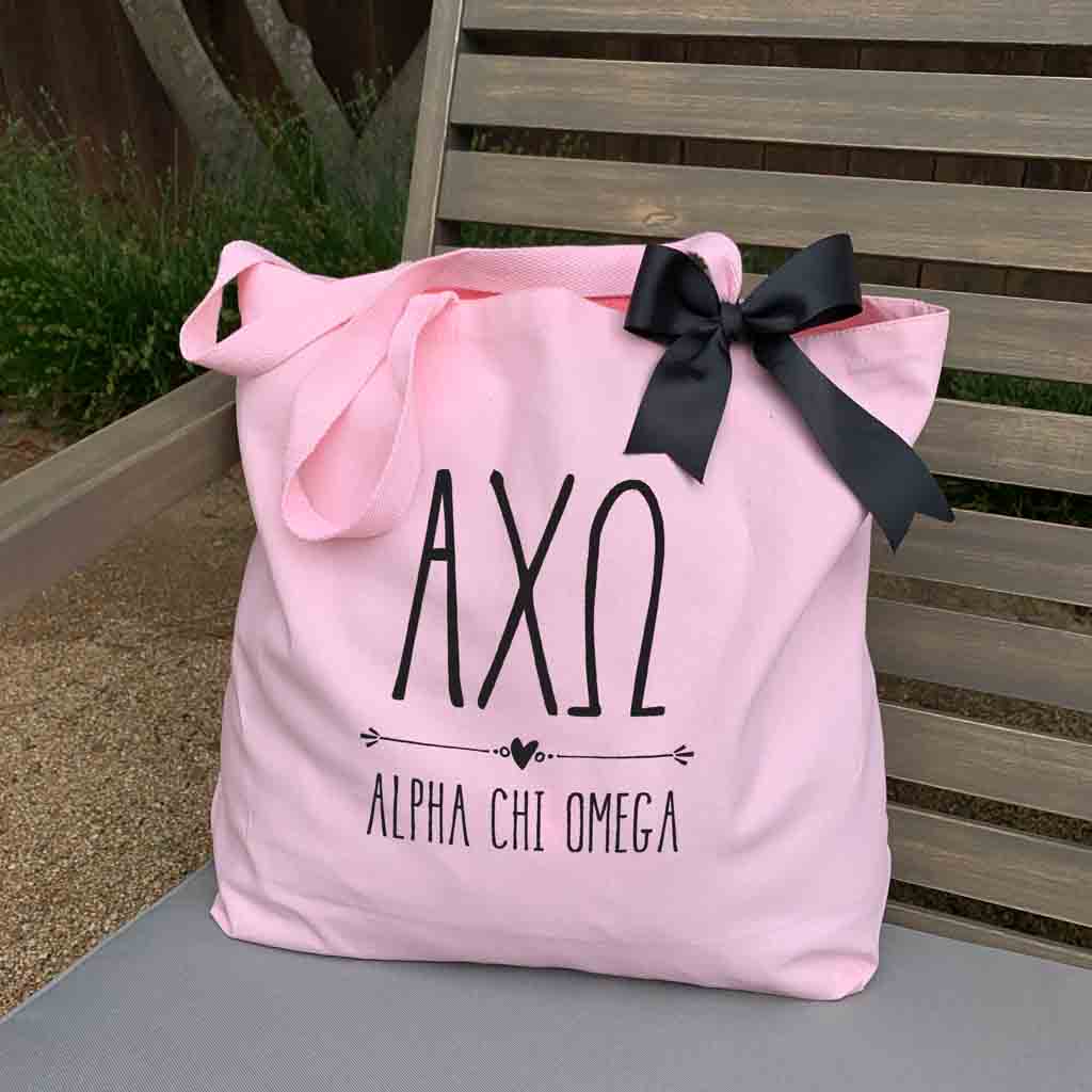 Alpha Chi Omega Pink Canvas Tote Bag with Black Bow