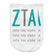 Zeta Tau Alpha sorority letters and name digitally printed on no show socks.