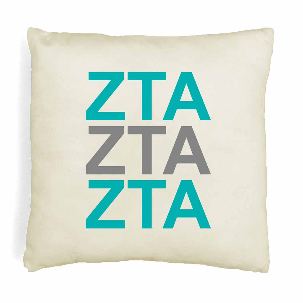 Zeta Tau Alpha sorority letters digitally printed in sorority colors on white or natural cotton throw pillow cover makes a great affordable gift idea.