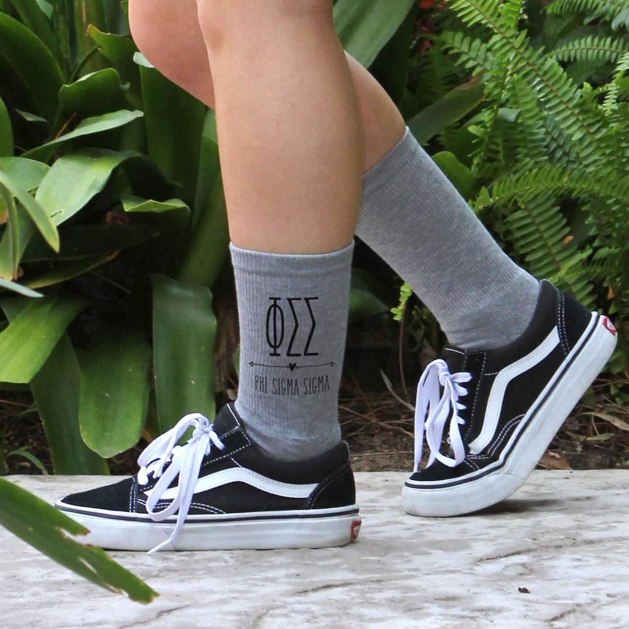 Phi Sigma Sigma sorority name and letters custom printed on heather gray cotton crew socks